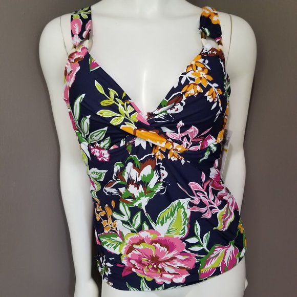 Anne Cole Tropical Bloom Twist Front Tankini Swim Top - Picture 2 of 9